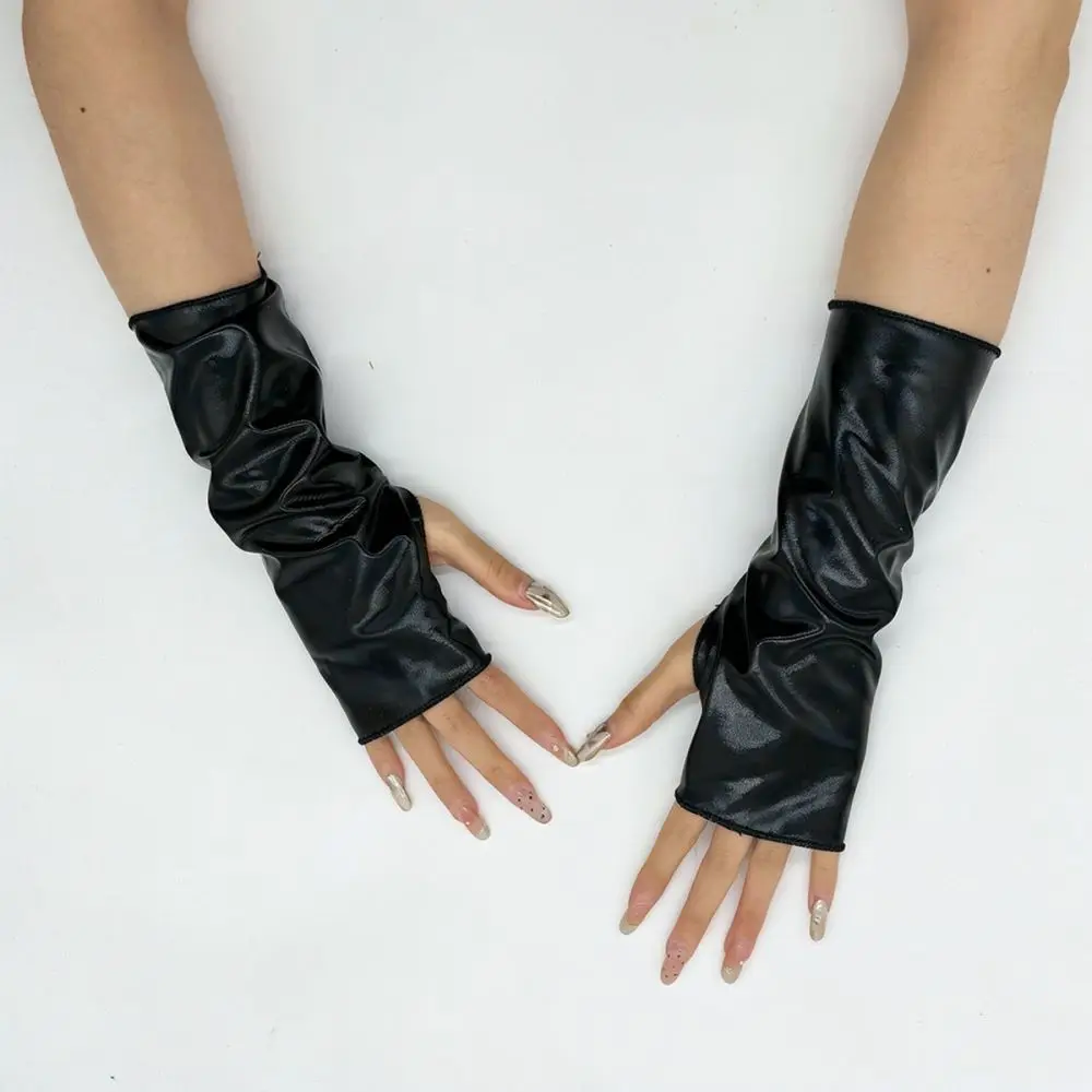 Women Shiny Patent Leather Half Finger Gloves Mid Length Sunscreen Mittens For Cycling Halloween Performance Party Accessory