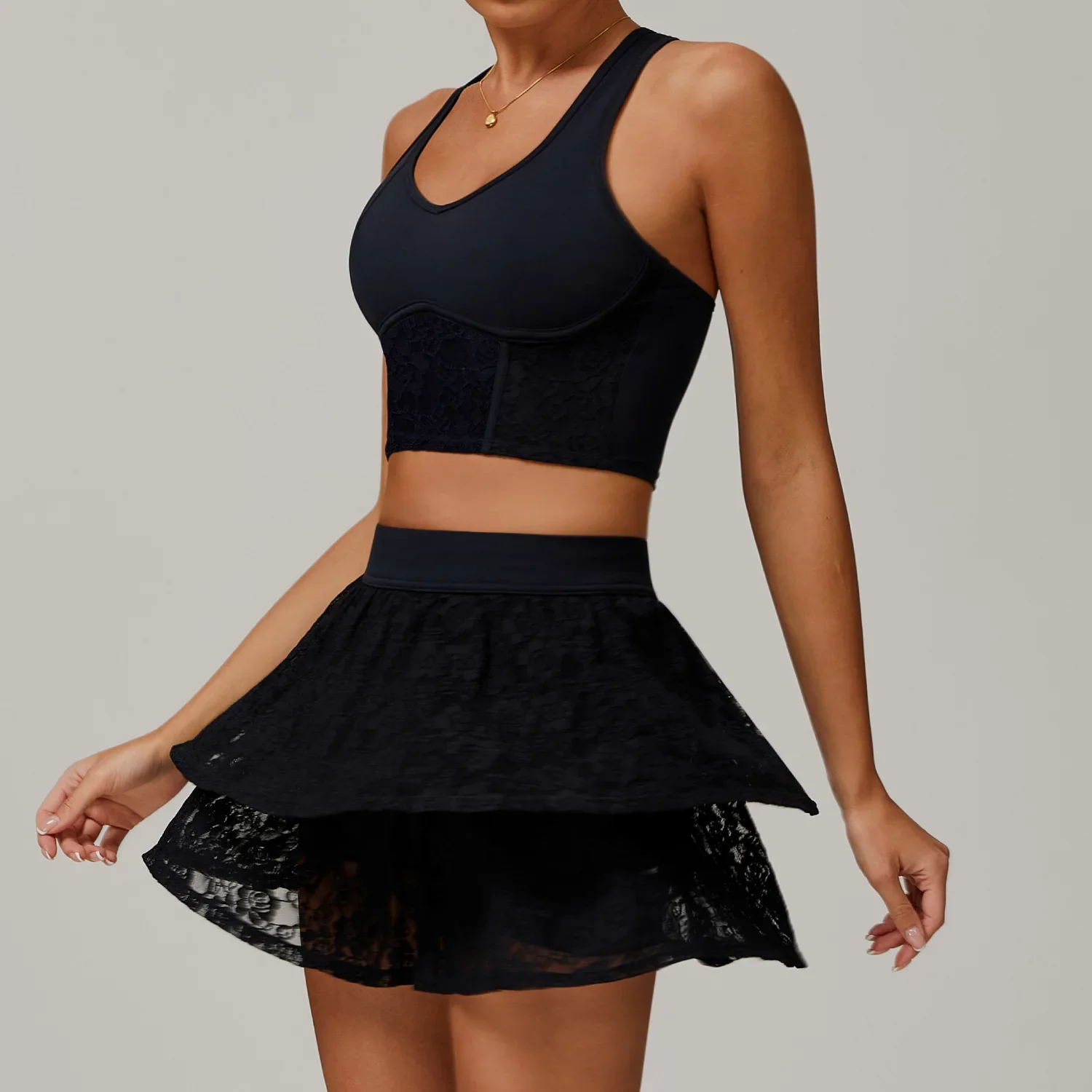

Lace Tennis Skirt Sets Sports Fitness Golf Badminton Nude Breathable Running Leisure Workout Clothing Gym Yoga Suits for Women