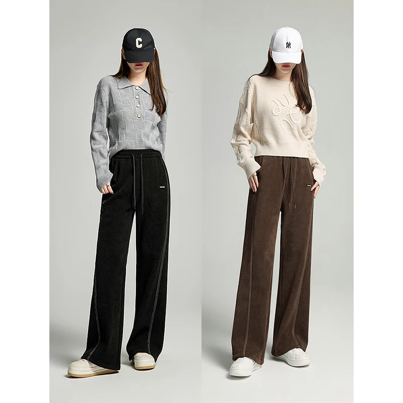 Toyouth Women Plush Knitted Pants 2024 Winter Drawstring Waist Straight Loose Wide-leg Sweatpants Contrasting Lines Trousers