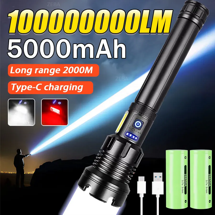 

2025 LED Handheld Flashlight Ultra-Bright 1000000000Lumens 5000mAh Rechargeable Battery Powerful Torch Zoomable Tactical Lantern