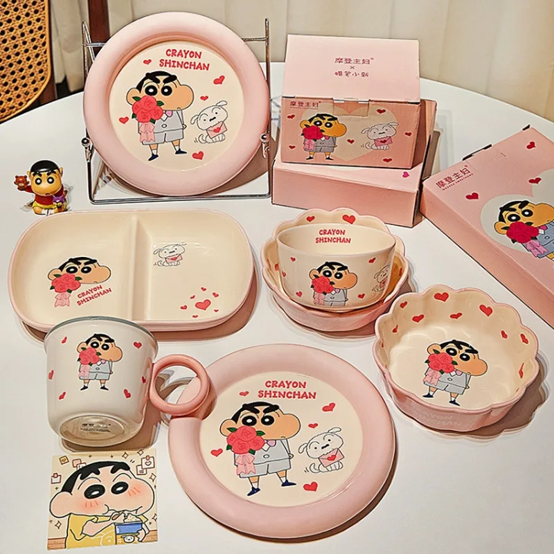 Crayon Shin Chan Ceramic Tableware Set Cute Cartoon Home Dining Bowl Pink Girl Heart Round Bowl Water Cup Plate Room Decor Gift