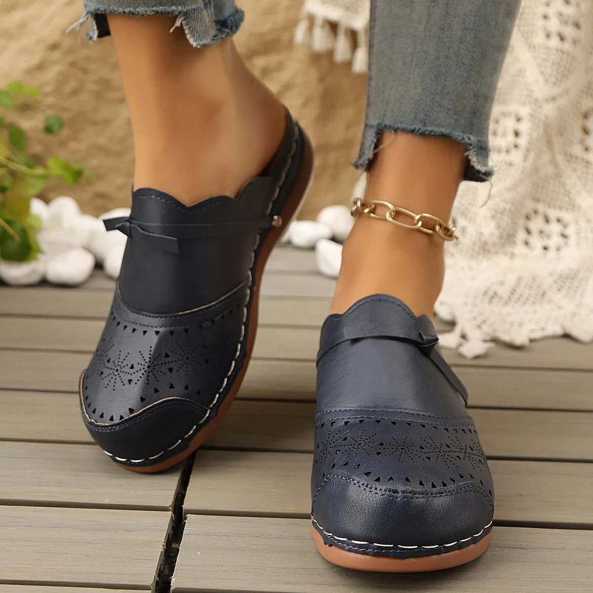 Women's Solid Color Roman Style Casual Orthopedic Wedge Baotou Slippers Summer Hollow Breathable Walking Slippers Slides Women