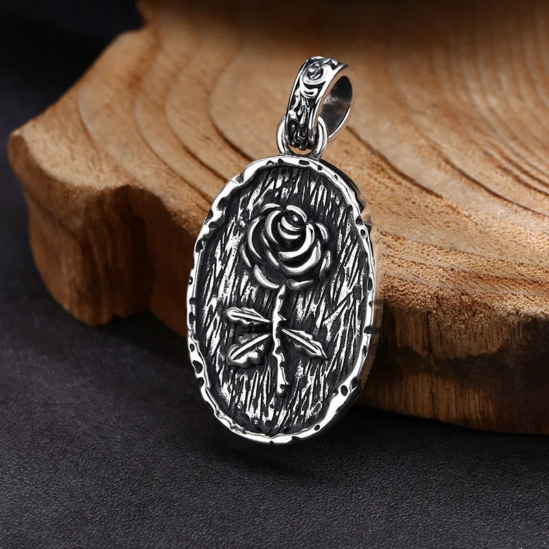 S925 Sterling Silver Rose Pendant Black Color Old Process Flower Relief Design Women Fine Jewelry FYNE357
