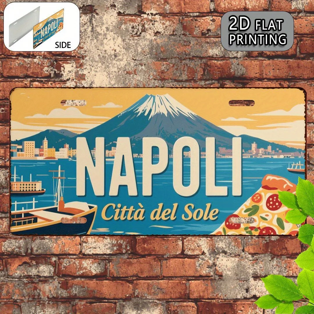 HD Aluminum Metal Sign, Napoli Città del Sole Vintage License Plate Style Wall Decor, Retro Naples Italy Coastal City Pizza Vesu