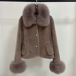 New Arrival Wool Jacket Women Natural Fox Fur Collar Cuffs Tedy Bear Coat Winter Fleece Overcoat Shearling Jacket