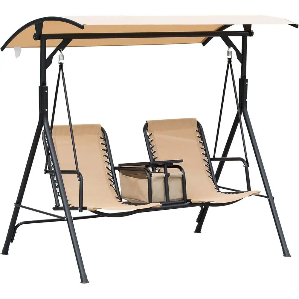 

2-Person Outdoor Swing Chair with Table, Cup Holder, Adjustable Shade, and Weatherproof Steel Frame, Beige