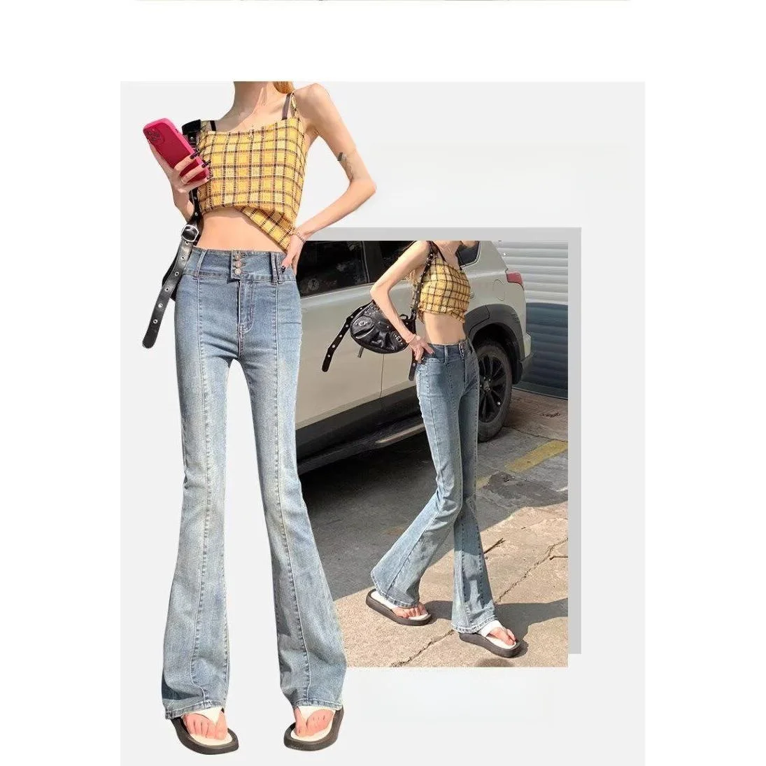 

Женские джинсы с высокой талией и широкими штанинами, светло-голубые, эластичные, расклешенные, утягивающие, повседневные, из смесового хлопка и полиэстера, деним