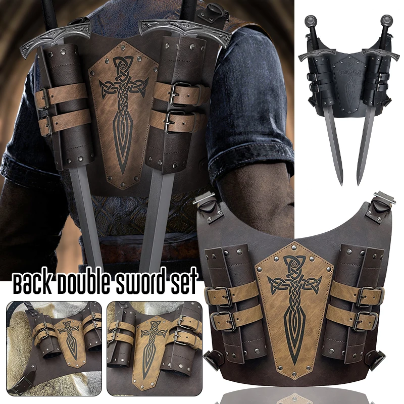 

Medieval Knight Double Sword Shoulder Back Sheath Warrior Scabbard Holder PU Leather Frog Rapier Buckle Strap Holster Cosplay