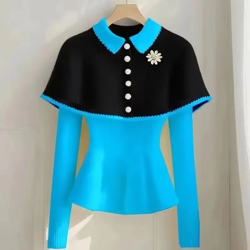 

New Autumn Winter High-quality Fashion Knitting Sweater Women Long Sleeve Contrasting Cloak Pullover Women Knit Sweater Female