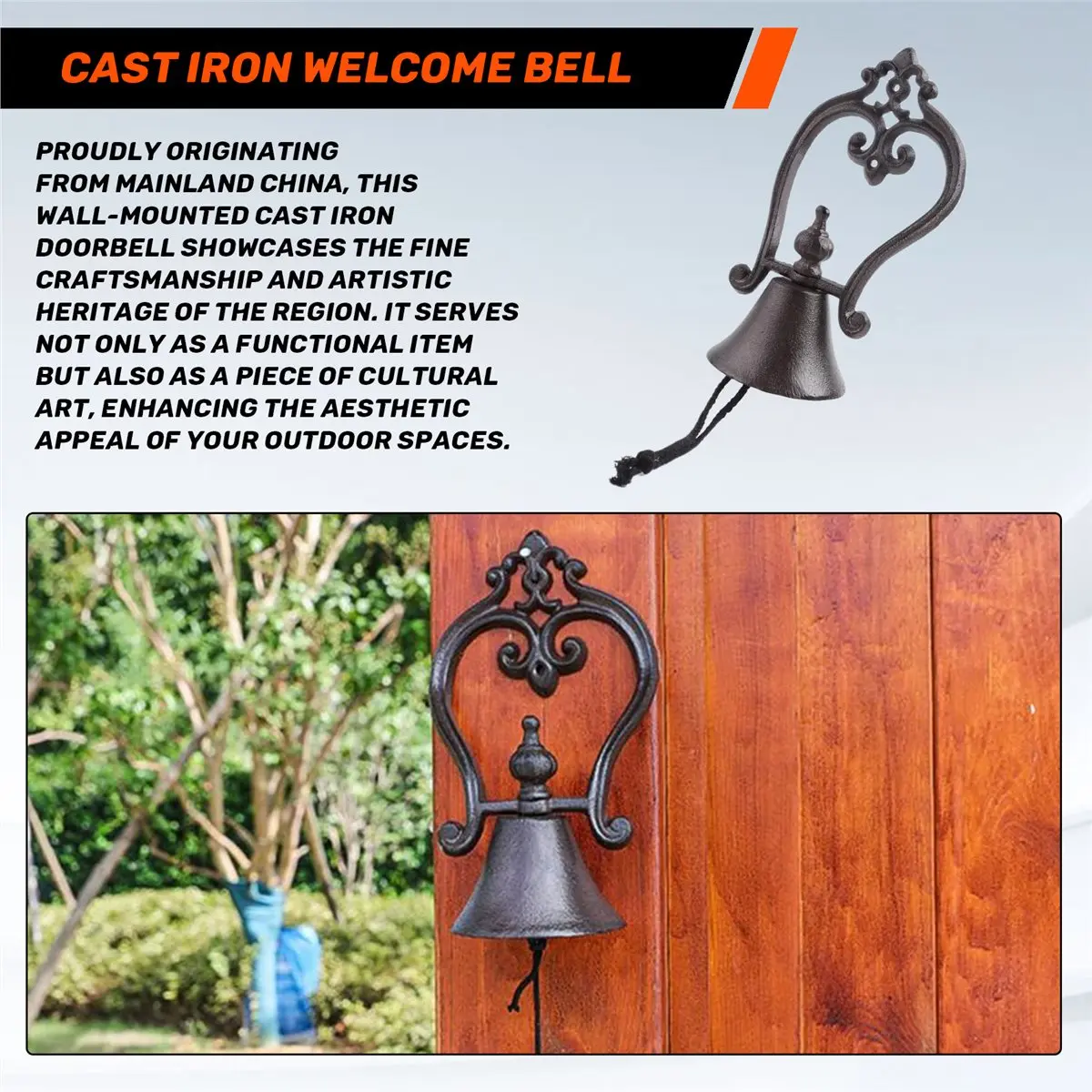 DT81 Nordics Style Vintage Brown Iron Door Bell for Garden and Porch
