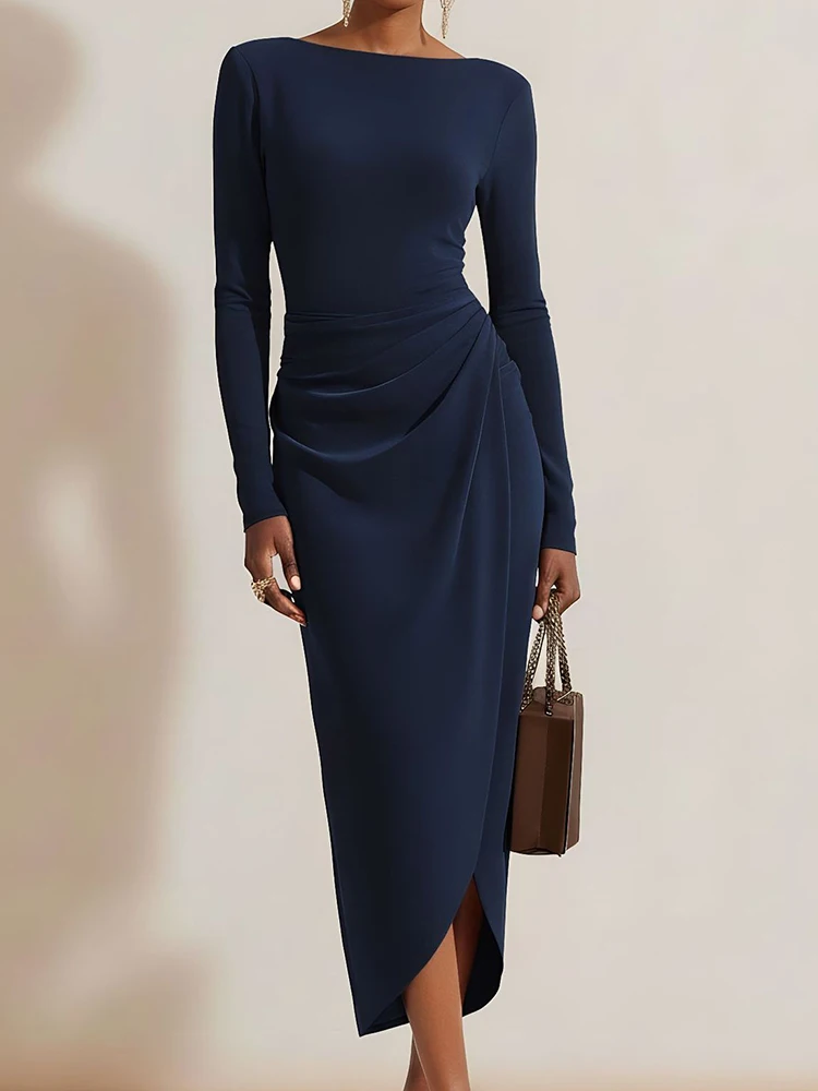 เดรสแม็กซี่เรียบง่ายแบบมีปกพับแต่งผ้าต่อกัน, เดรสปาร์ตี้แขนยาวสำหรับผู้หญิงสไตล์ชิคสำหรับฤดูใบไม้ผลิและฤดูใบไม้ร่วง, เดรสลำลองทรงเข้ารูปสำหรับผู้หญิงที่ให้ลุคสง่างาม