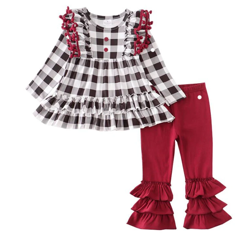 High Quality Kids Clothing Lattice Ruffle Long Sleeves Top Burgundy Bell Pants Baby Sets