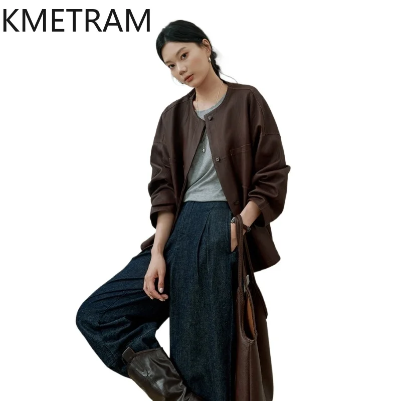 

KMETRAM Genuine Italy Sheepskin Leather Jacket Woman O-Neck Short Jackets Autumn Real Leather Coat Women Clothing 2026 jaqueta