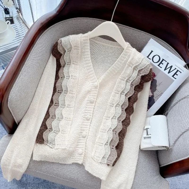 Women Trendy Contrast Color Spliced Chic Sweet Kawaii Knitted Sweaters Autumn V Neck Long Sleeve Loose Single Breasted Cardigan