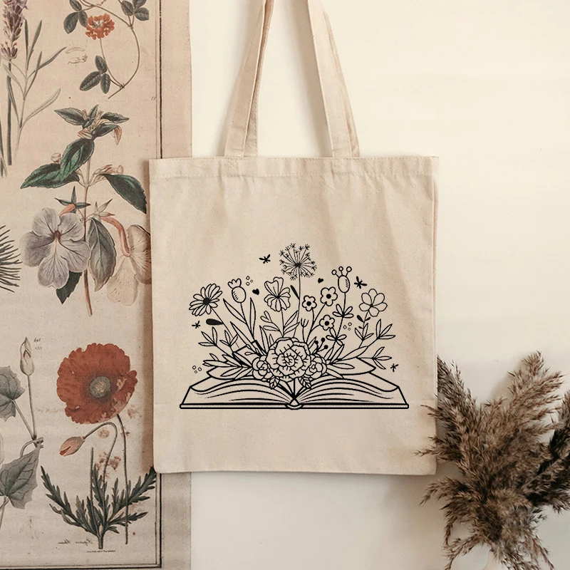 1pc Books Floral Pattern Canvas Bag Trendy Women Tote Bags Books Storage Travel Storage Clutch Gift for Her High-capacity Case