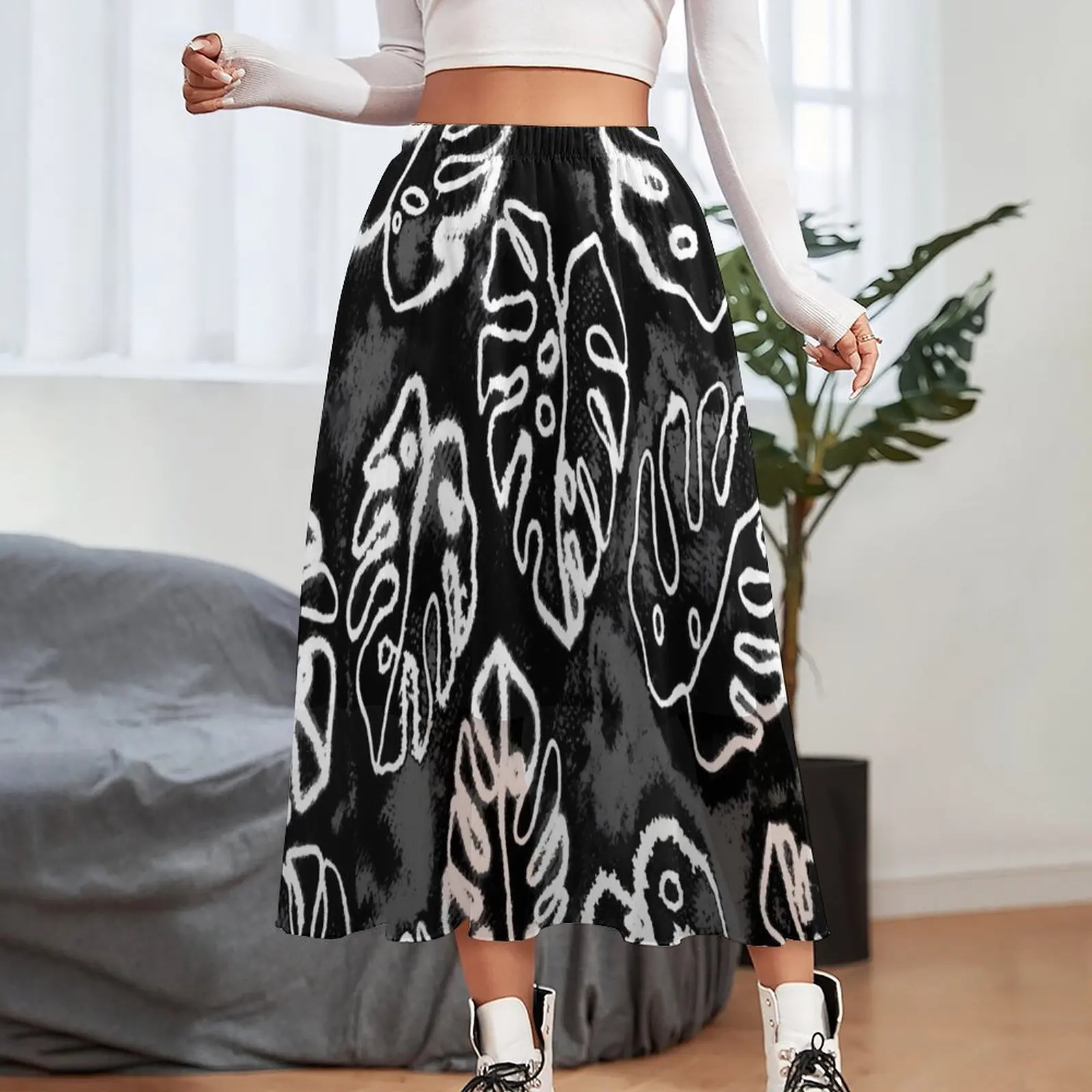 White And Black Tie Dye Skirt Woman Palm Leaf Print Elegant Long Skirts Custom High Waist Aesthetic A-line Skirt Big Size 4XL