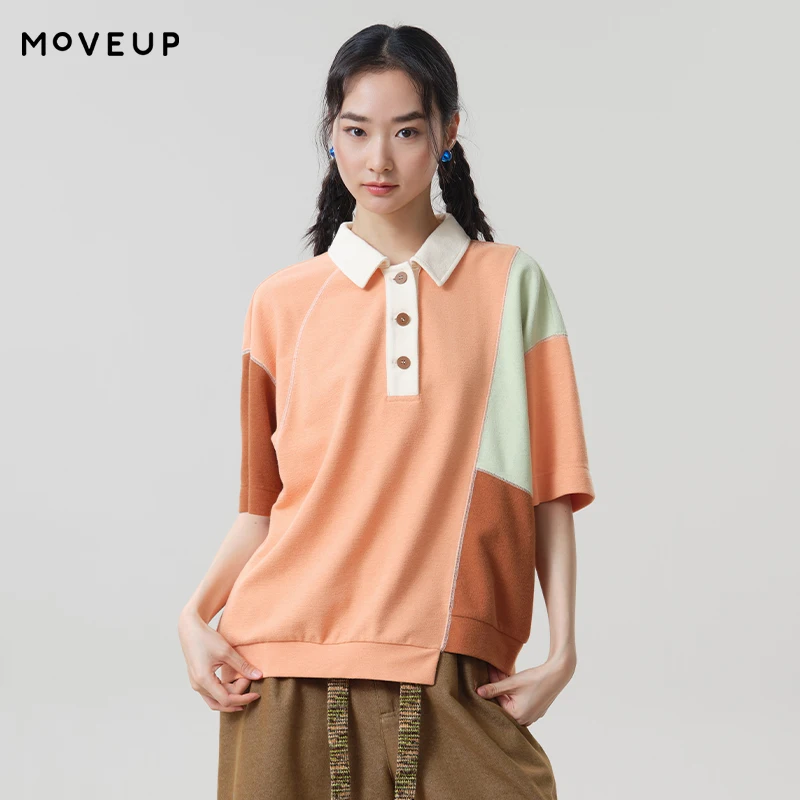 MOVEUP Women's Lapel T-Shirts 2026 Autumn Color Block Patchwork Half Placket Tees Asymmetric Hem Loose Casual Tops 3ELQ10571