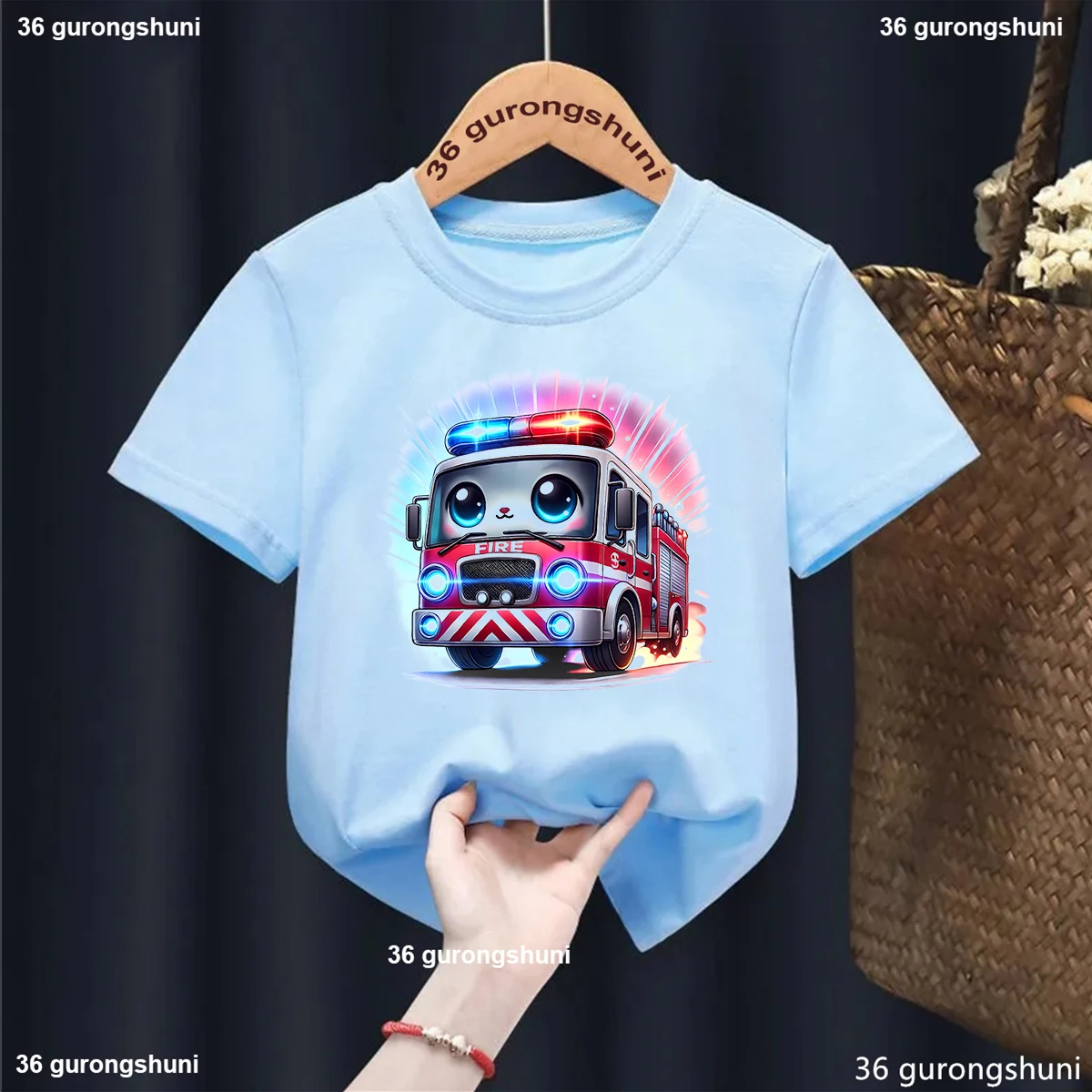 Funny Cool Kids Clothes Cute Watercolor Fire Truck Printed T Shirt Girls/Boys Summer Short Sleeve Tshirt Solid T-Shirt Tops