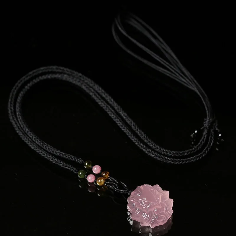 Pink Crystal Nine Tailed Little Fox Pendant with Collarbone and Hibiscus Crystal As A Female Best Friend Accessory