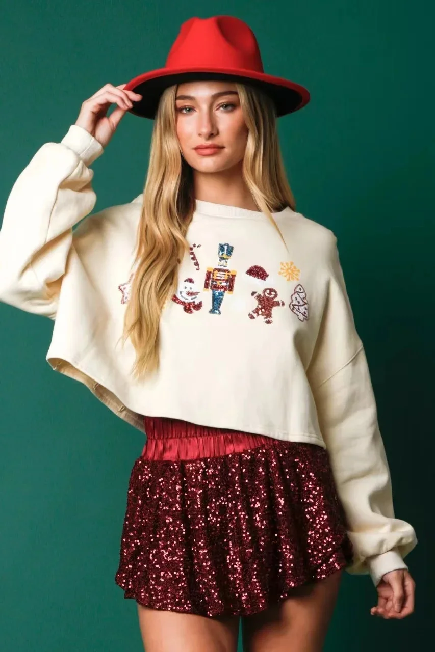 Women Christmas Nutcracker Sweatshirt Pullover 2024 New Year Wear Sequins Versatile Top Cartoon Soldier White Sweater For Women