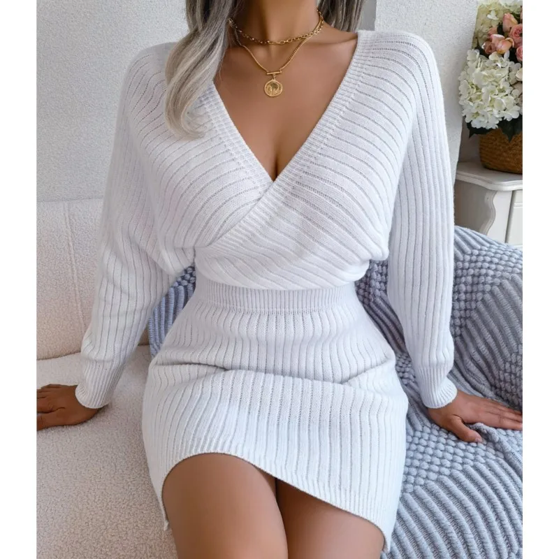 

2024 Autumn Winter Sexy Cross V-neck Bat Skirt Hip Cover Dress Sweater Skirt Independent Station Cross-border Women's Clothing