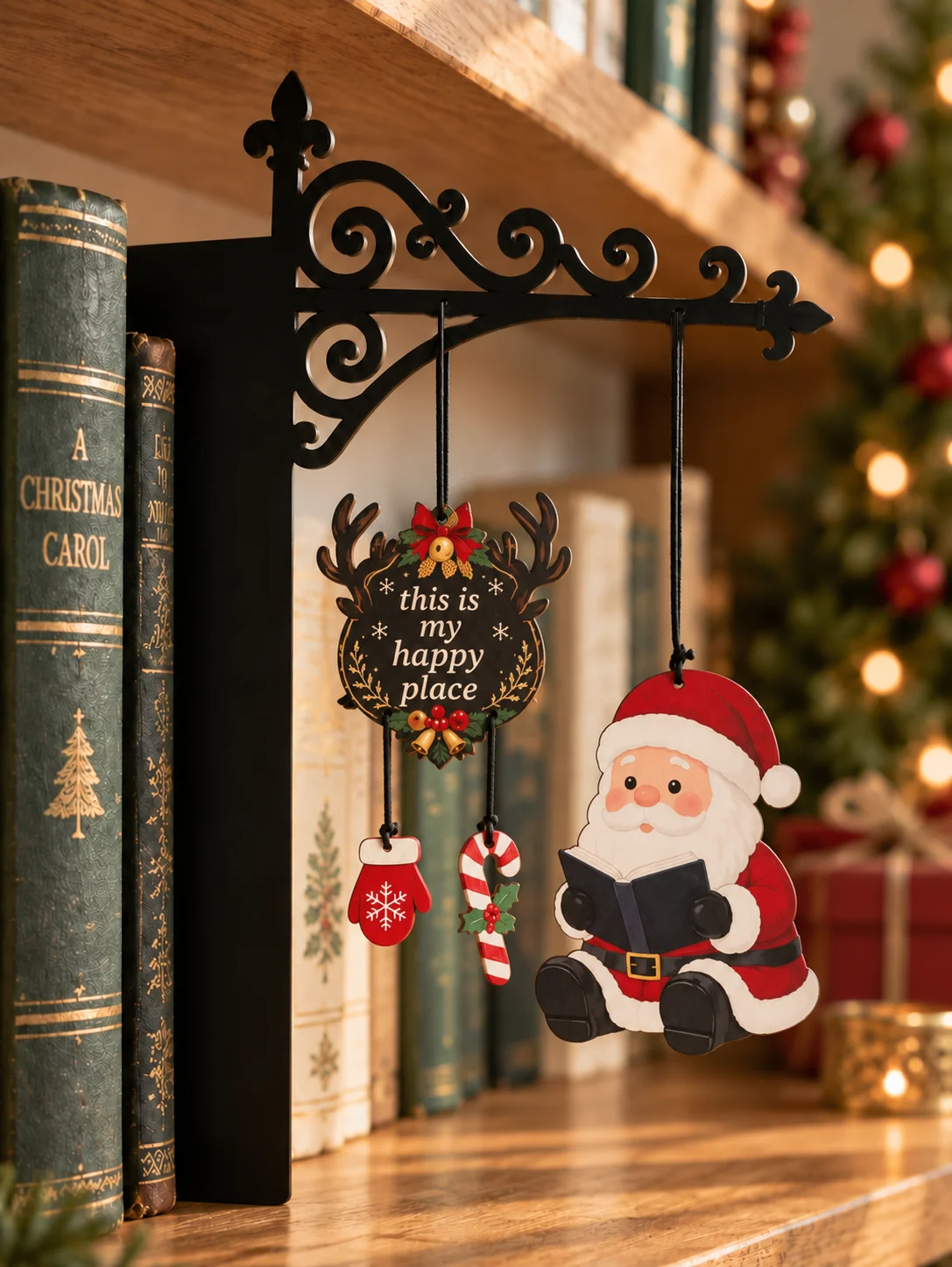 Christmas Bookend Hanging Ornament Santa Snowman Reading Book Pendant & Quote Plaque Farmhouse Xmas Shelf Desktop Decor for Home