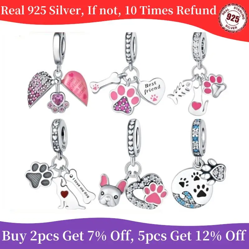 925 Sterling Silver Dog Charm Cat Heart Paw Print Bead Bulldog Pet Animal Pendant Zircon Fit Women Diy Bracelet Fine Jewelry