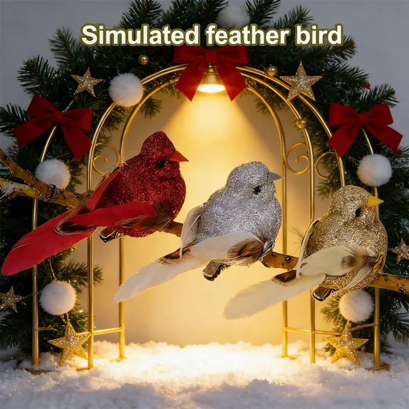 2026 Simulated Bird with Gold Dust Feathers & Artificial Greenery Set, Artistic Garden Decoration for Indoor and Outdoor Decor