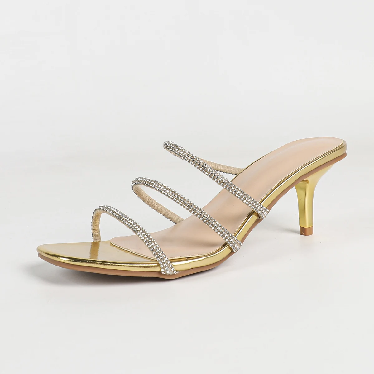 AIYKAZYSDL Rhinestone Crystal Sandals Mules Slides Court Strappy Shoes Gold Kitten Mid Heels Pumps Slippers Women 2026 Summer 42
