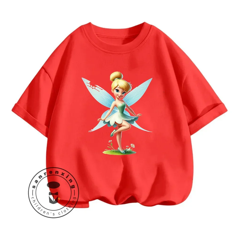2024 Playful Tinker Bell Animated Cartoon Character Print Design O-neck Vintage Style Short-sleeved Shirt for Summer Children