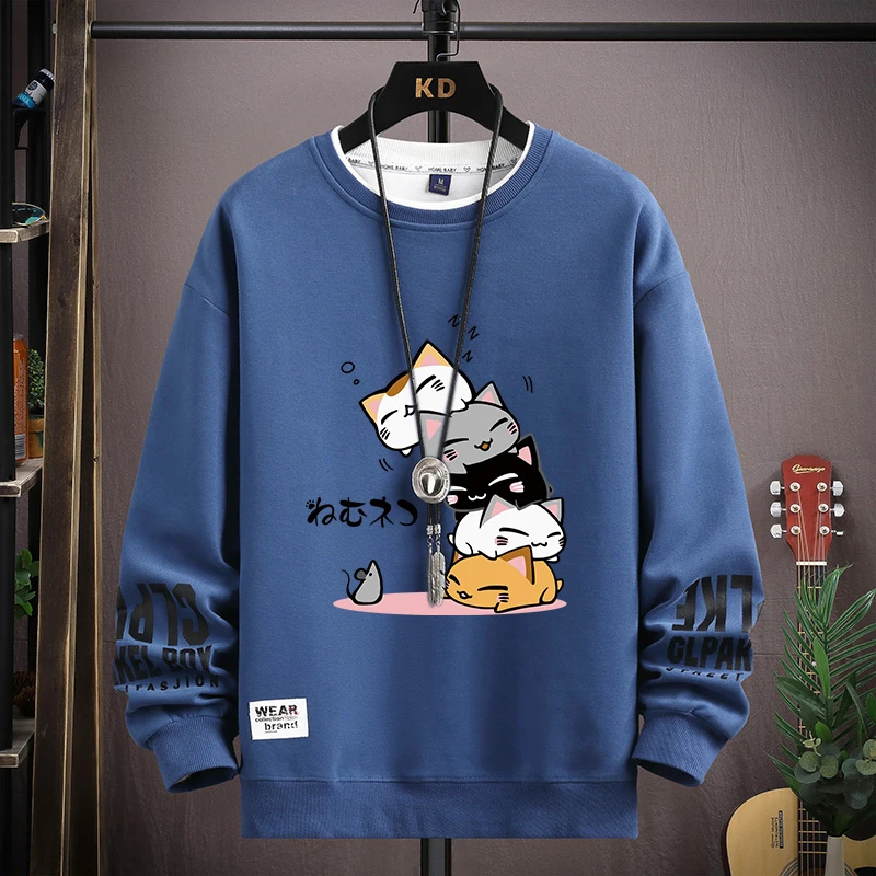 Spring Men's Sweatshirt Japan Cartoon Cats Printed Long Sleeve T-shirt Fashion Men's Clothing Khaki O Neck Harajuku Top 2024 New