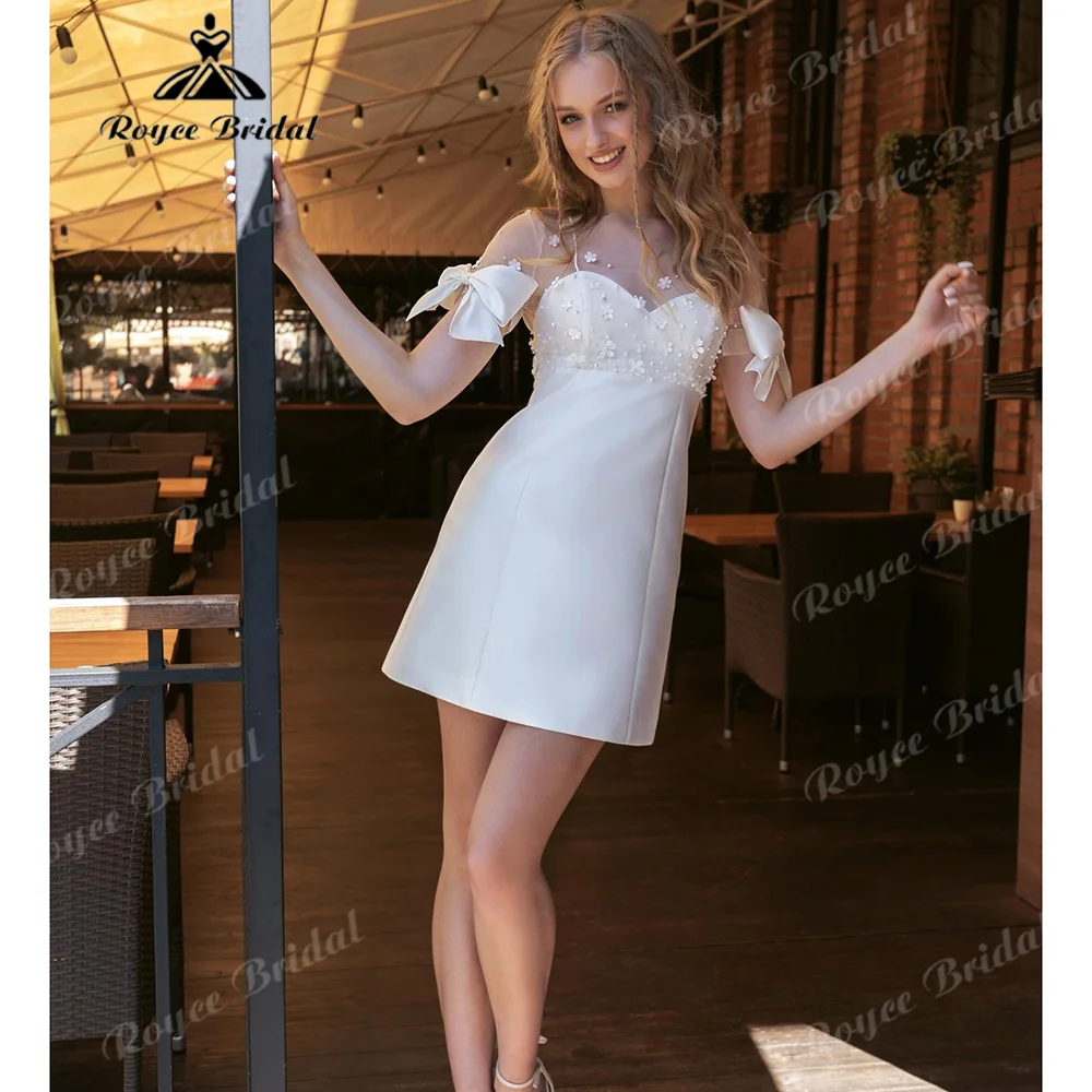 Short A‑Line Wedding Dress Illusion Neck Tulle Short Sleeves Bow Decal 3D Floral Pearl Beaded Mini Vestido De Novia Customized