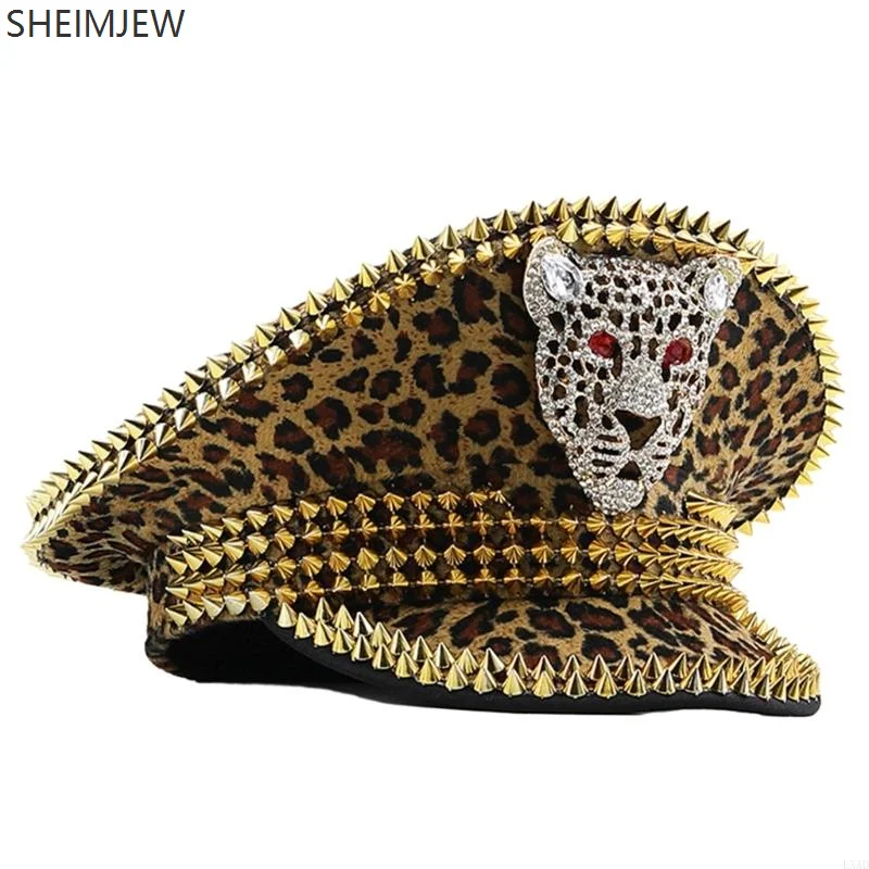 

Women's Men's Punk Hip Hop Hat Rivet Leopard Print Handmade Festival Adult Role Play Captain Hat Military Hat Western Masquerade
