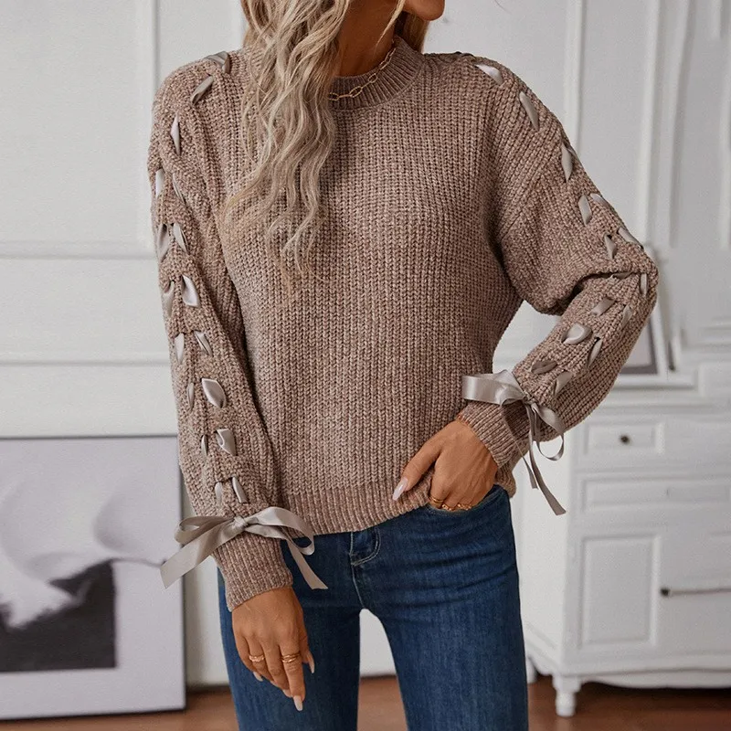 Tie Loose Fit Pullover Sweater Sweet with Heat Set Finish Regular Sleeve Regular Length Single Medium Weight Women Sweater