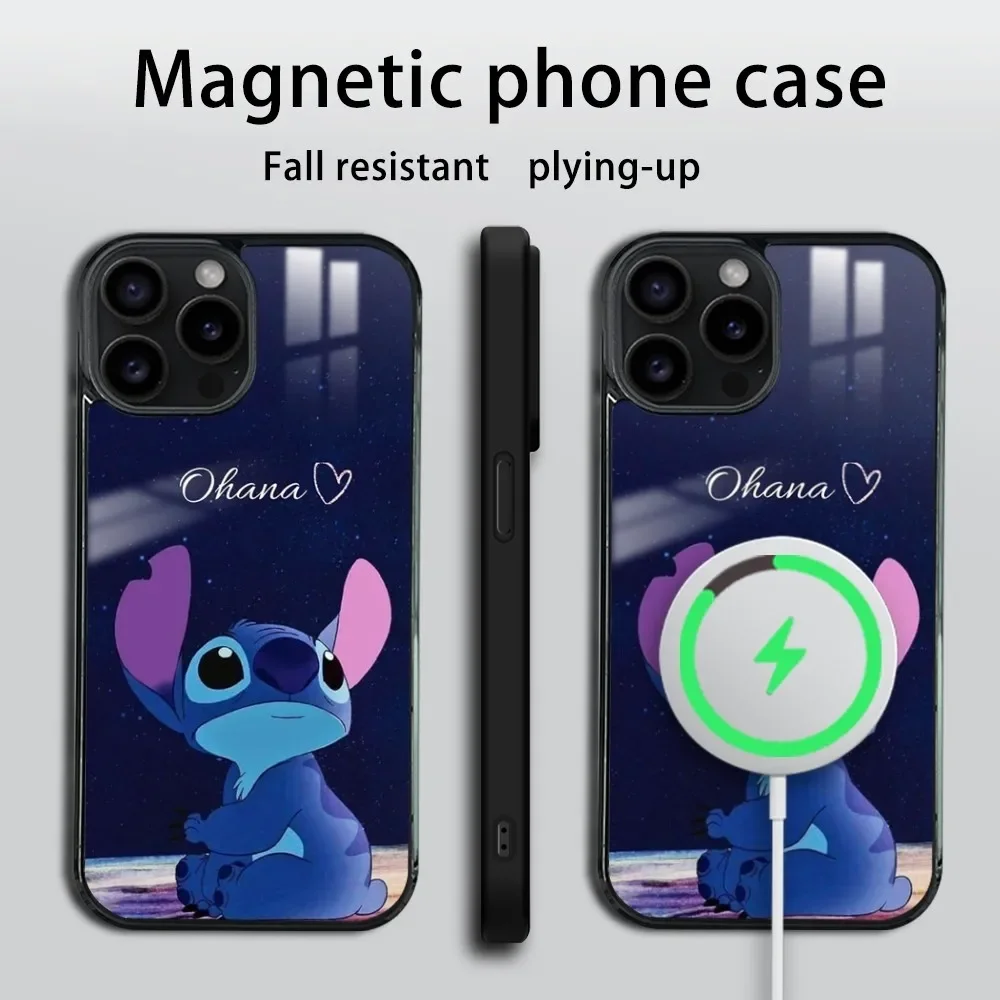 Cute Cartoon S-Stitch Phone Case For iPhone 16 15 14 13 12 11 Pro Max Plus Mini Magsafe Mirror Wireless Magnetic Cover