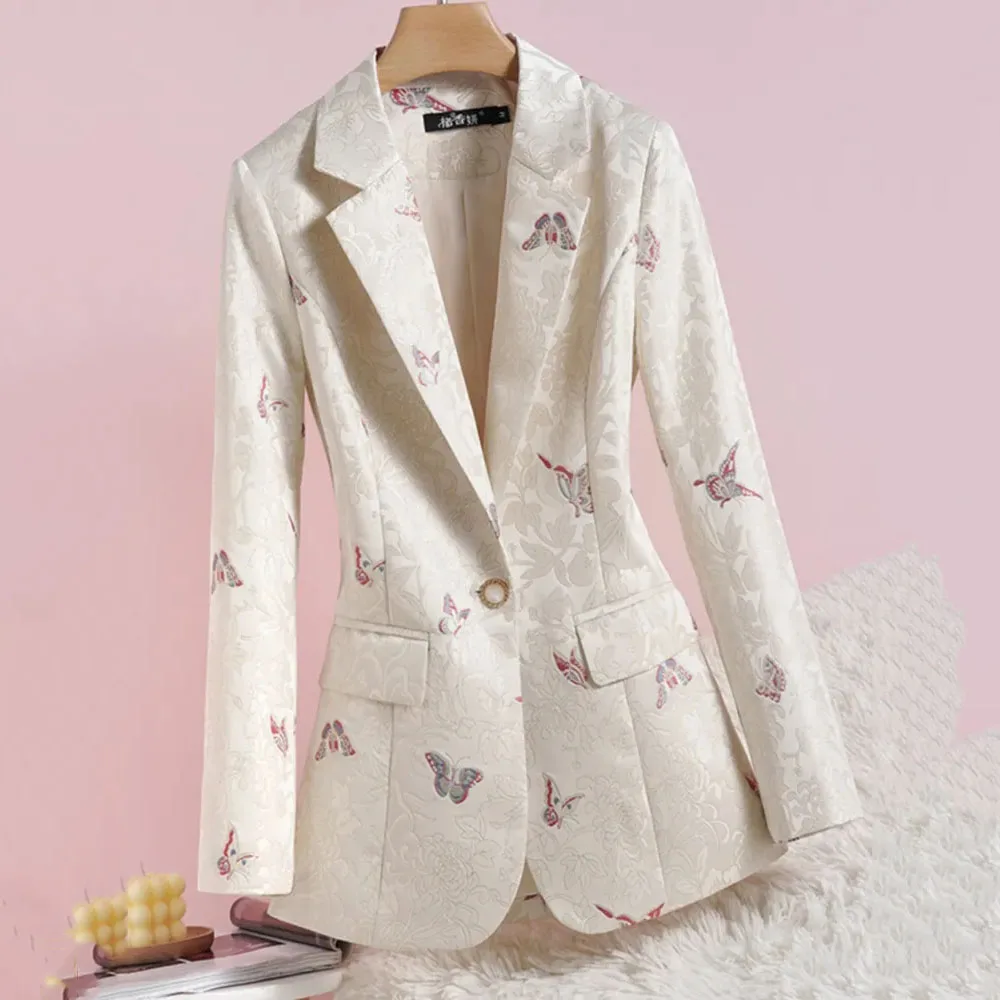 Fashion Floral Waist Suit Jacket Female 2024 Spring New Apricot Small Suit Besign Sense National Wind Leisure Suit Female.