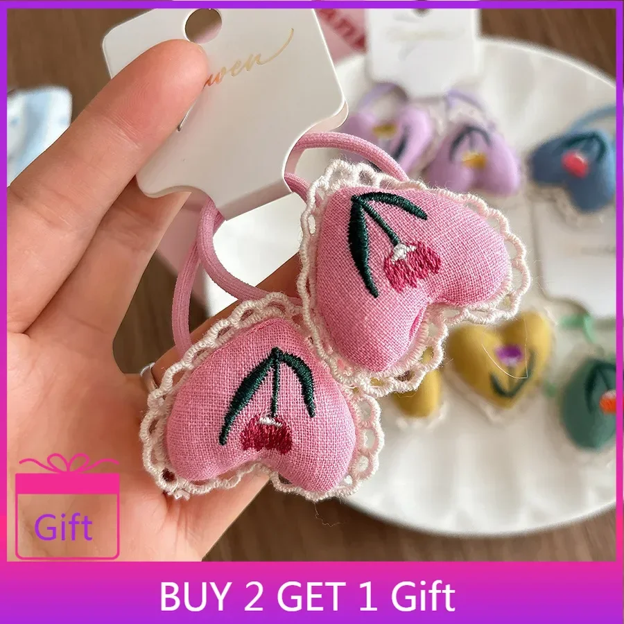 甘いガーリーレーストリム刺繍ハートふわふわシュシュ生地ヘアネクタイ韓国スタイルのヘアアクセサリー