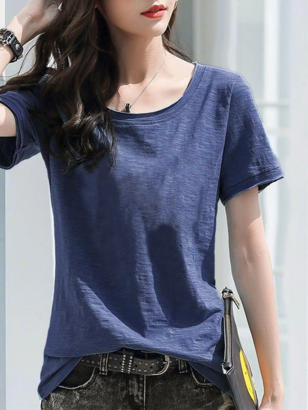 ゆったりとした竹綿半袖tシャツ-レディース-夏-カジュアル-ラウンドネックトップ-袖口カバー付き-多用途-ベーシックシャツ