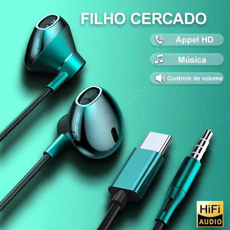Hifi usb tipo c fone de ouvido baixo estéreo controle volume earbud microfone 3.5mm com fio para galaxy samsung s24 s23 xiaomi computador