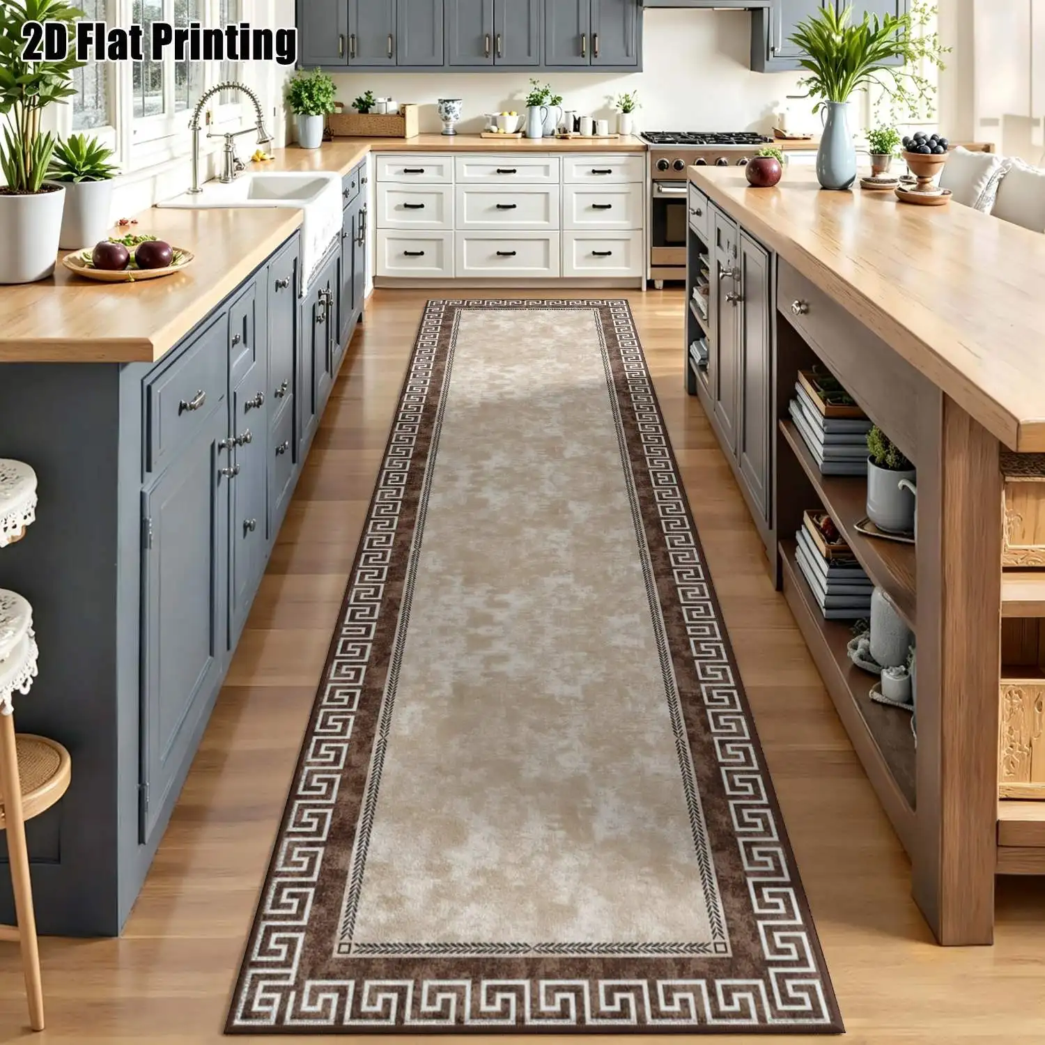 1Pc 2D Printed Long-Strip Running Track Carpet, Beige-Brown Woven Border European-Style, Modern Minimalist Geometric Striped Rug for Home Decor, Available in Multiple Sizes, Machine Washable, Suitable for Entryway, Hallway, Living Room, Bedroom.