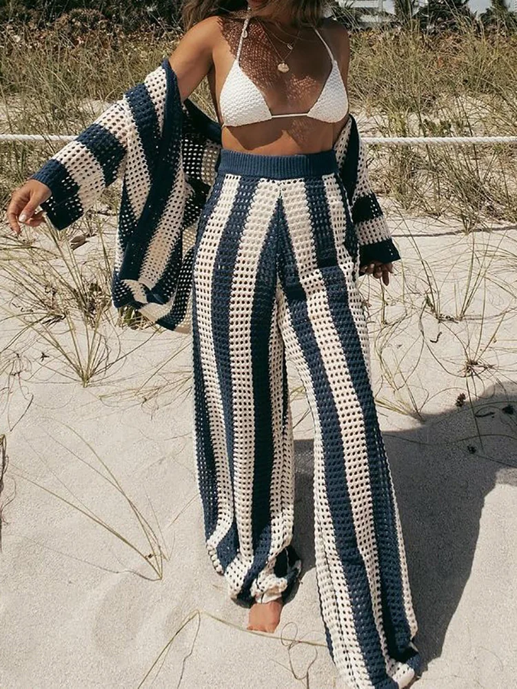 Striped Knit V-Neck Hollow Out Button Top And Wide Leg Pants Women 2PCS Suits Loungewear Holiday Summer Ladies Sexy Matching Set