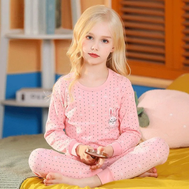 Set 2 Pack 100% Cotton Children's Long Johns Spring and Autumn Medium Girls' Underwear Set Long Pants Long Sleeves Loungewear