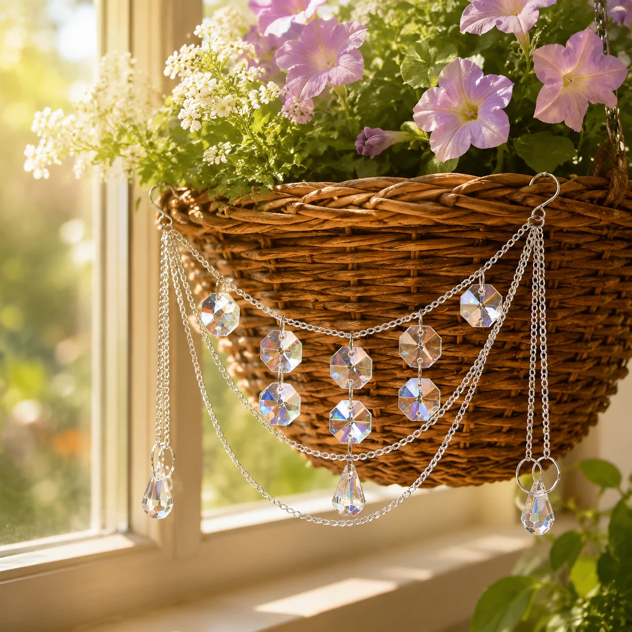 Iridescent Crystal Flower Pot Hanging Chain 3 Layer Prism Drop Bead Rainbow Suncatcher Potted Plant Garden Decor Ornament