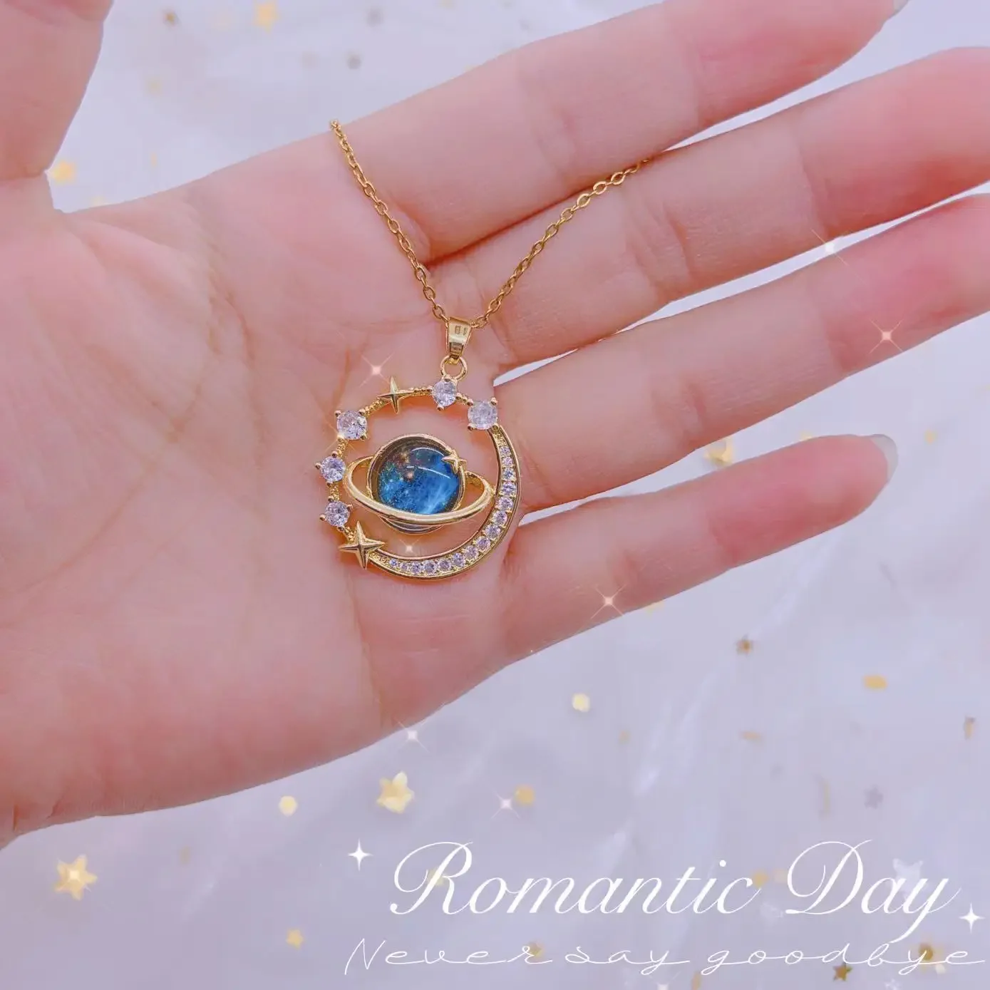 Zircon Saturn Space Earth Pendant Necklace Dainty Blue Planet Necklace Stainless Steel Clavicle Chain Aesthetics Jewelry Collar