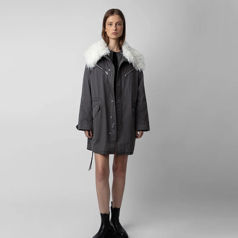 Zadig Grey Long Coats Loose Winter Tops Female Casual Jacket And Cotton Coat Set Women Outdoor Zipper Jackets Large Fur Collar