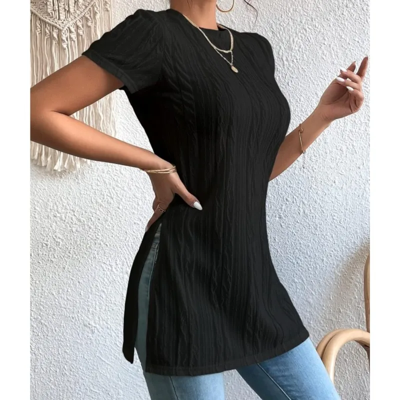 2026 New Summer Women's Long Top Solid Color Split Casual Loose Fashionable And Comfortable Versatile Simple Daily Commuter Top