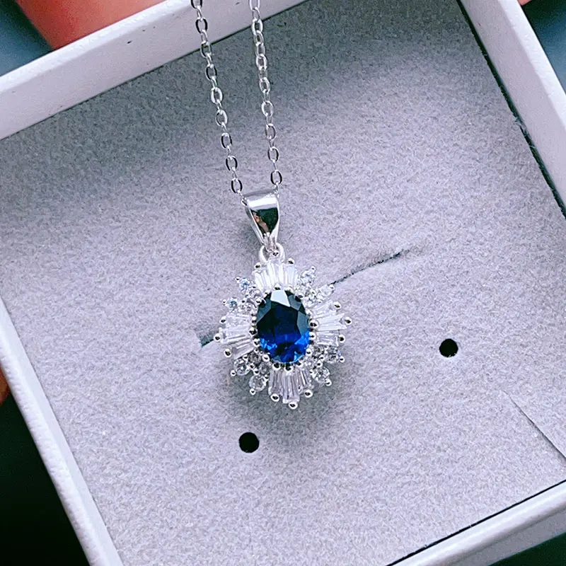 Luxury 925 Silver Natural Dark Sapphire 5*7mm Pendant Necklace with Certificate Real Sapphire Jewelry Anniversary Gift for Lady