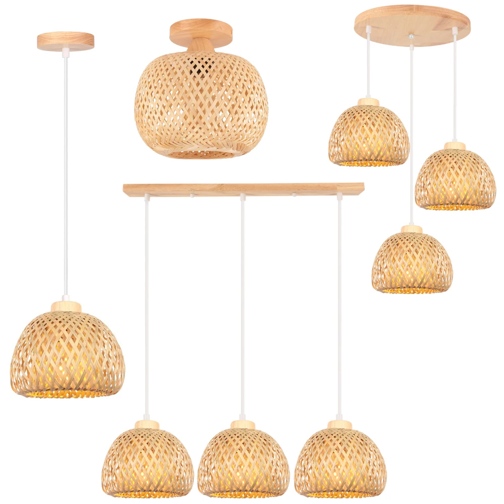 1/3 Heads Bamboo Wood Pendant Light Natural Rattan Wicker E27 Ceiling Chandelier Hand-Woven Hanging Lamp Shade Lighting Fixture