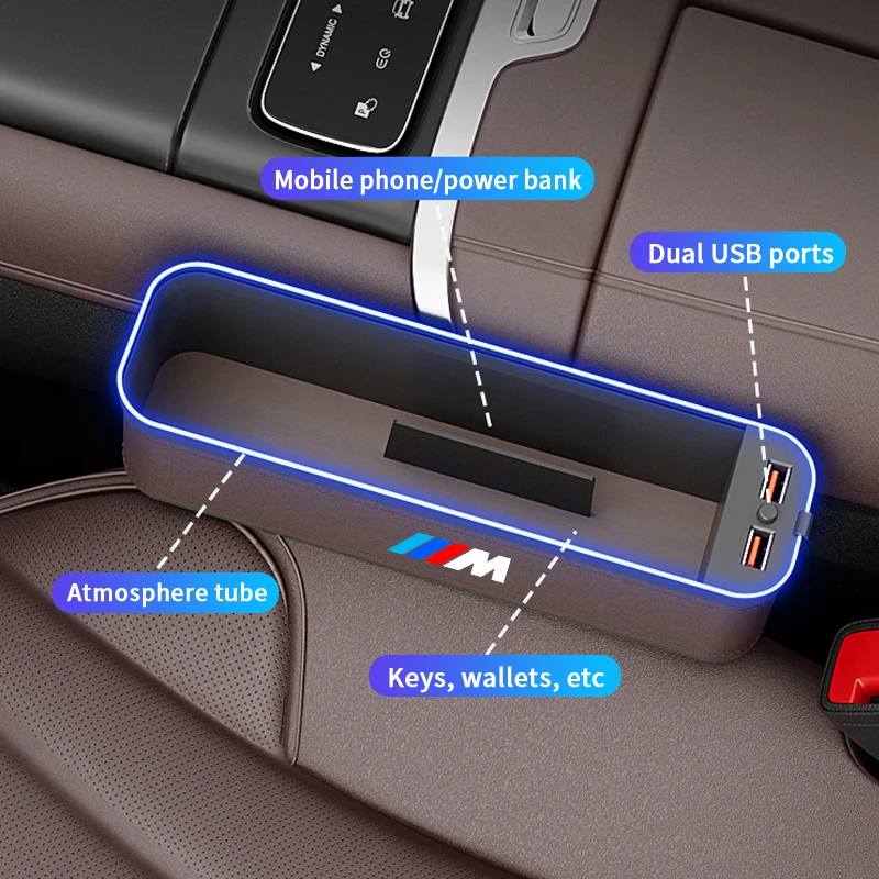 For BMW M E39 E46 E60 E90 F30 F10 F20 F25 F15 X1 X3 X5 Car Seat Gap Organizer Car USB Charging Multifunction Crevice Storage Box