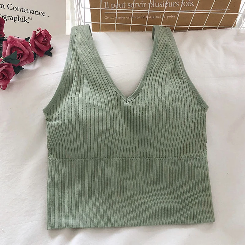 Women Seamless Bra Camisole Underwear Crop Top Free Size Black Khaki Green Vertical Stripe Girl Breathable Sports Fitness Yoga